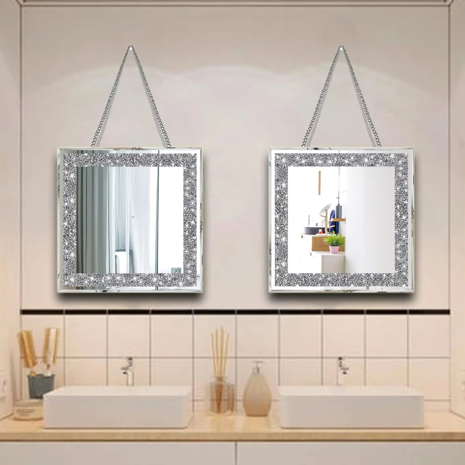 Crystal Crush Diamond Sparkly quadrate Silver Bathroom and room Mirror 2PCS Frameless Mirror Vanity Home Decor for Hallway