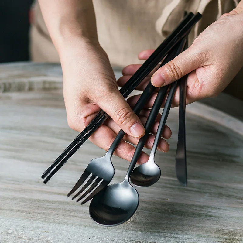 Restaurant Cutlery Set Wedding Cutlery Black Matte Chopsticks Spoon Set