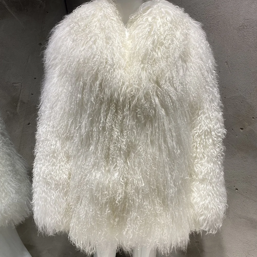 2024 Winter warm white mongolian fur coats wholesale white fluffy sheep fur coat real curly fur coat women