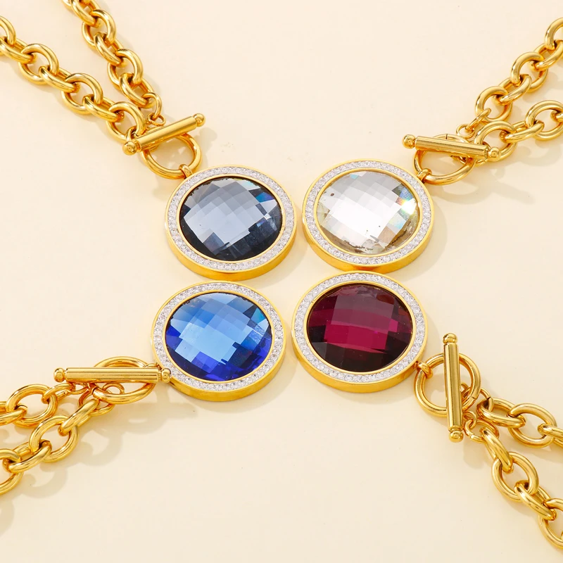Kalen Fashion Rhinestone Blue Glass Pendant Set Gold Plated Earrings Bracelet Necklace Gift Women Stainless Steel Jewelry Sets