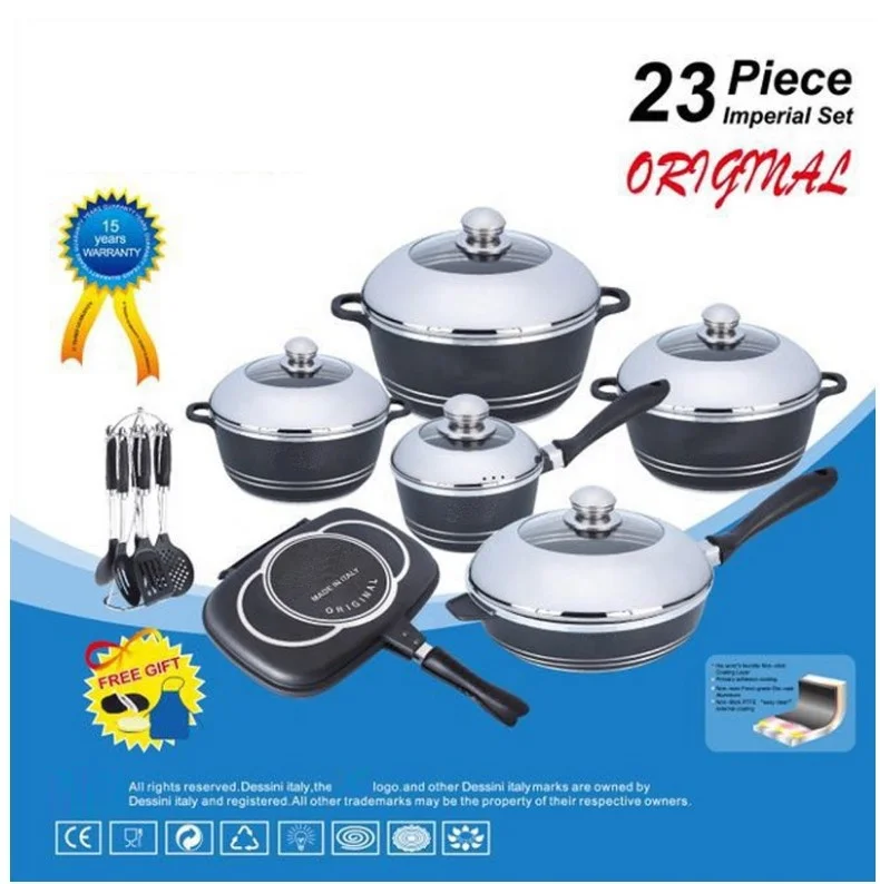 Dessini 23pcs Die-casting Aluminum Cookware Set Non-stick Pot with Tempered Glass Lid