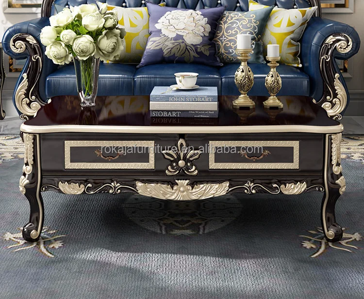 European Ebony Marble Coffee Table Solid Wood Carv Coffee Table Tv Stand Combo Luxury Hotel Home Living Room Black Coffee Table