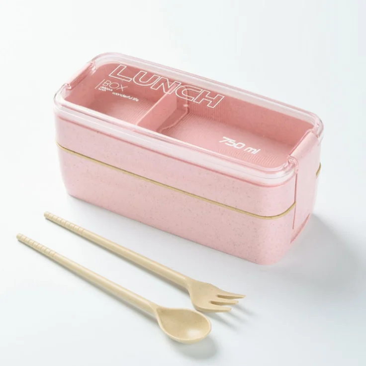 Microwave Safe Biodegradable compartments double layer wheat straw wheat fiber lunch box with cutlery