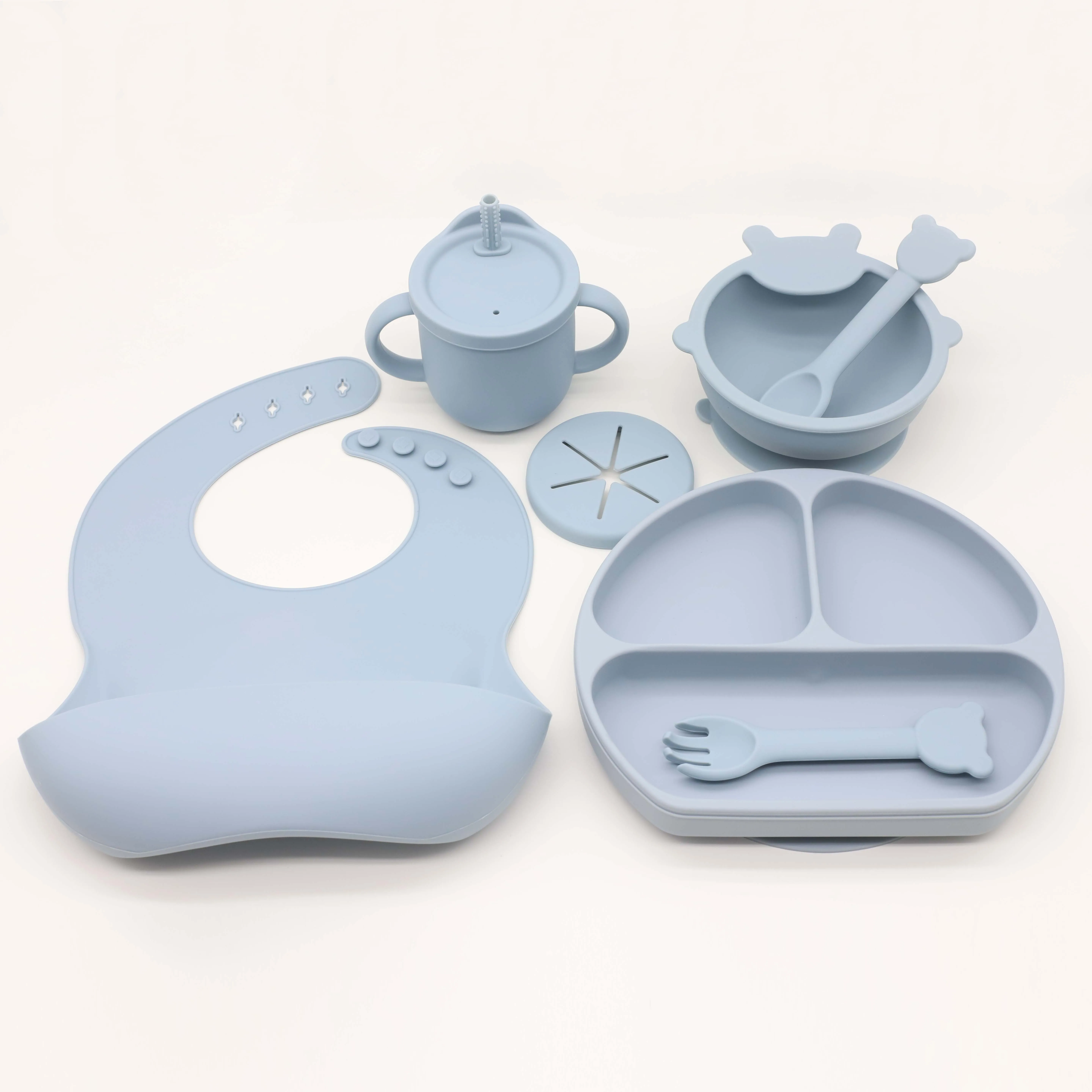 8-Pack Baby Product Supplies Silicone Bib Spoon fork Bowl plate with lide 2in1 snack cup Baby Unbreakable Dinnerware Feeding Set