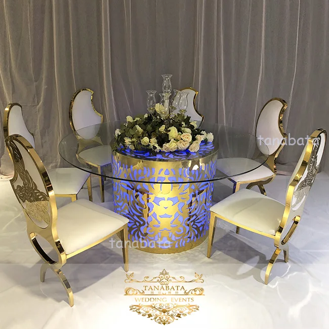 
romantic designs stainless steel base 16 color led light glass dining table 6 chairs set 