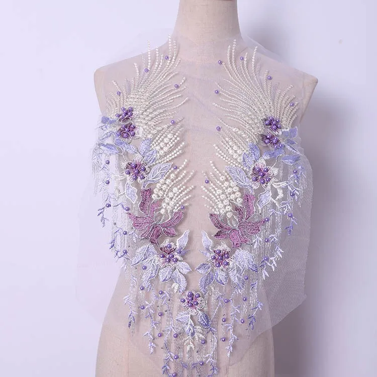 LS604 Hot Sale Clothing Patch Lace Embroidery Hot Drilling Beads Collar Applique Flower Wedding Dress Decoration Accessories