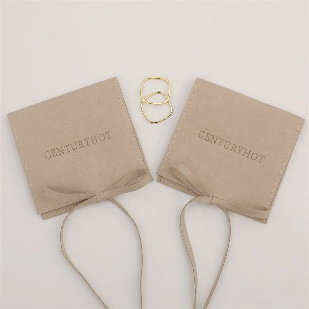 Custom Sand color Microfiber Jewelry Pouch With Logo ,Embossed logo Printing bracelet, Earring,  Necklace Velvet Packaging Pouch