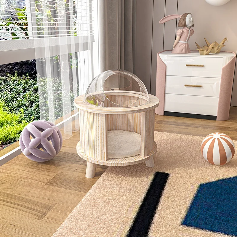 2022 Luxury pet furniture floor capsule solid wood wool jungle gym cat tree one space bowl wooden cat house cat bed