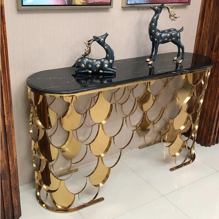 Modern Marble Top God Stainless Steel Fish Scale Console Table for Living Room Kitchen Entry House Gorgeous Corner Hallway Table