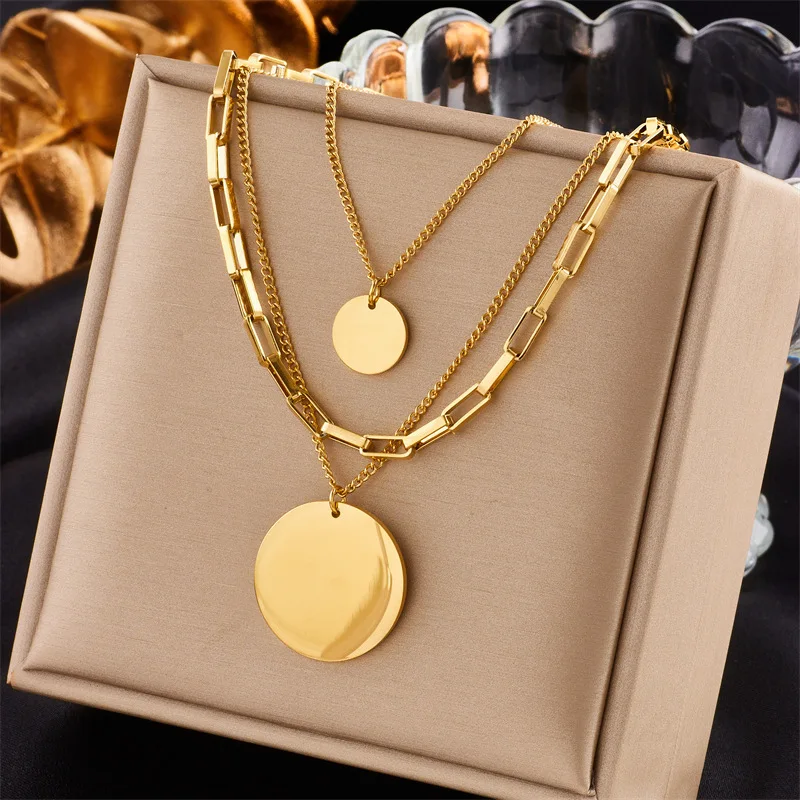 New Fashion Non Tarnish 18k Pvd Gold Plated Stainless Steel Multi Layer Round Pendant Necklaces For Women