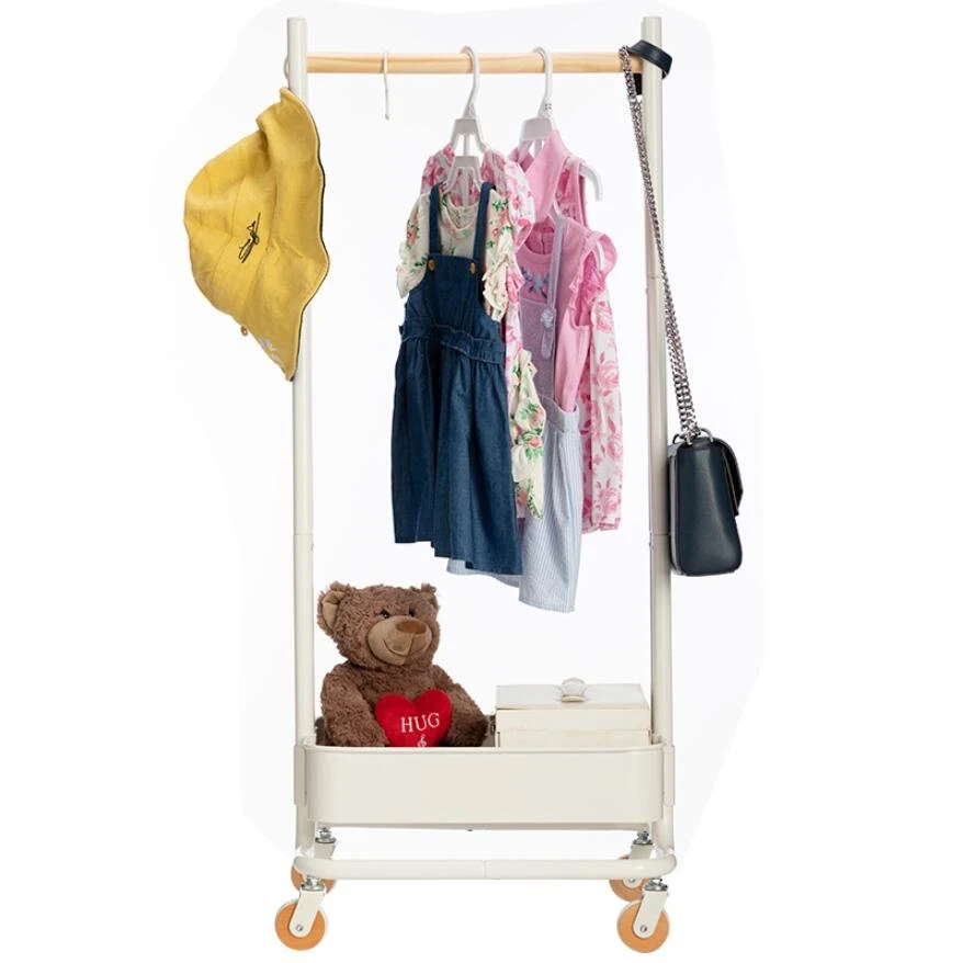 Factory Price Kids Clothes Hanging Rack with Storage Basket Metal Hanger Organizer Coat Rack Stand on Wheels