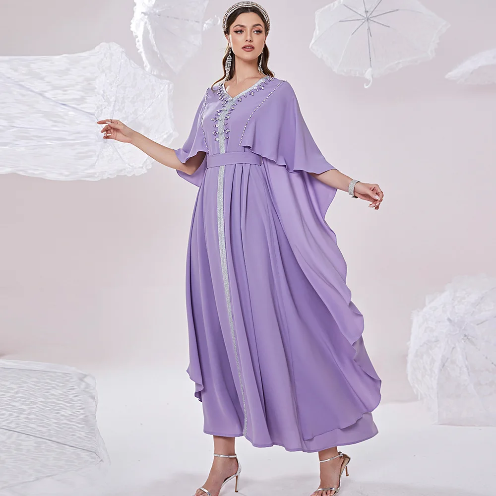 Arabian Evening dubai  kaftan dresses women Handsewn Rhinestones Irregular Hem Sleeve Muslim Dresses