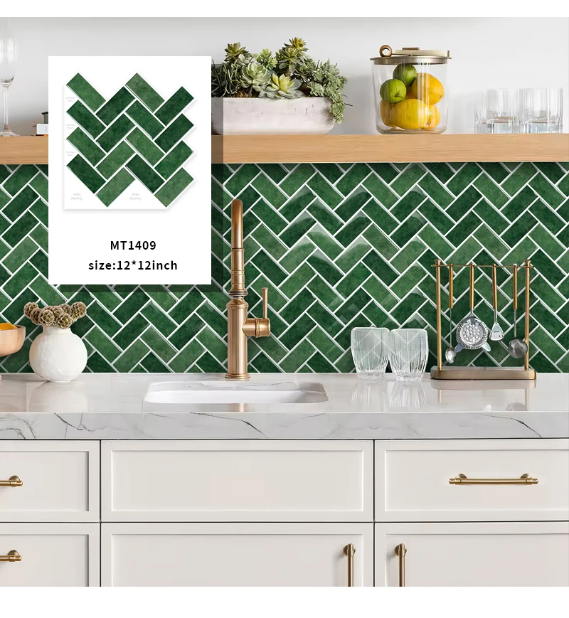 JORUNNS Herringbone Vinyl Wall Tile Green Peel and Stick Wall Tiles Stick on Backsplash for Kitchen Bathroom