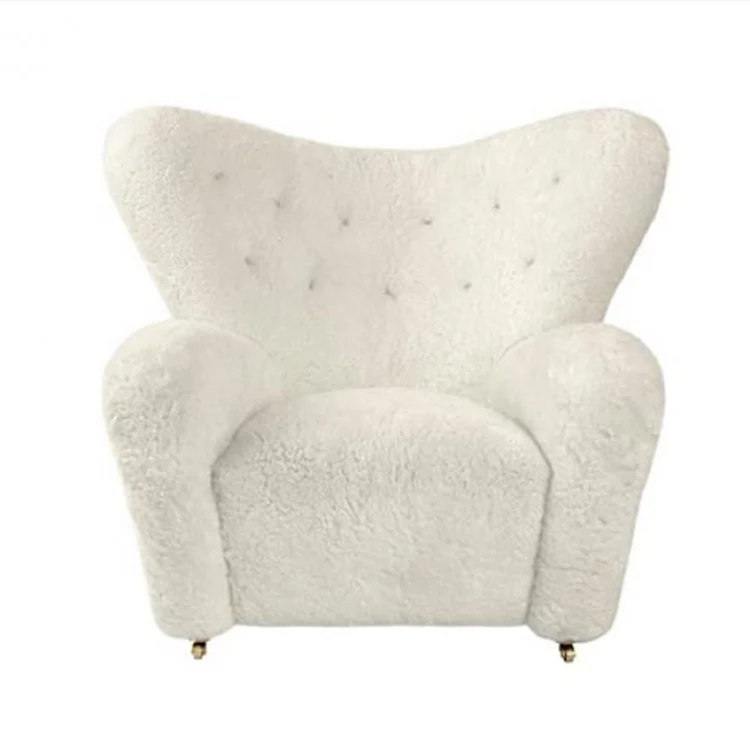 European Luxury White Fake Sheep Chair Sofa ArmChair Fabric Sheep Skin Lounge Fur Plush Cover Wing Back Boucle Accent Chair
