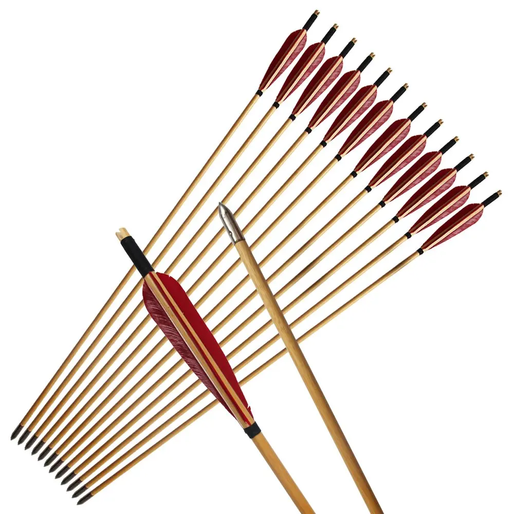 12-Pack 33-Inch Wooden Archery Target Arrows Steel Handmade Field Recurve Bow Longbow Hunting Practice Turkey Feather Fletching