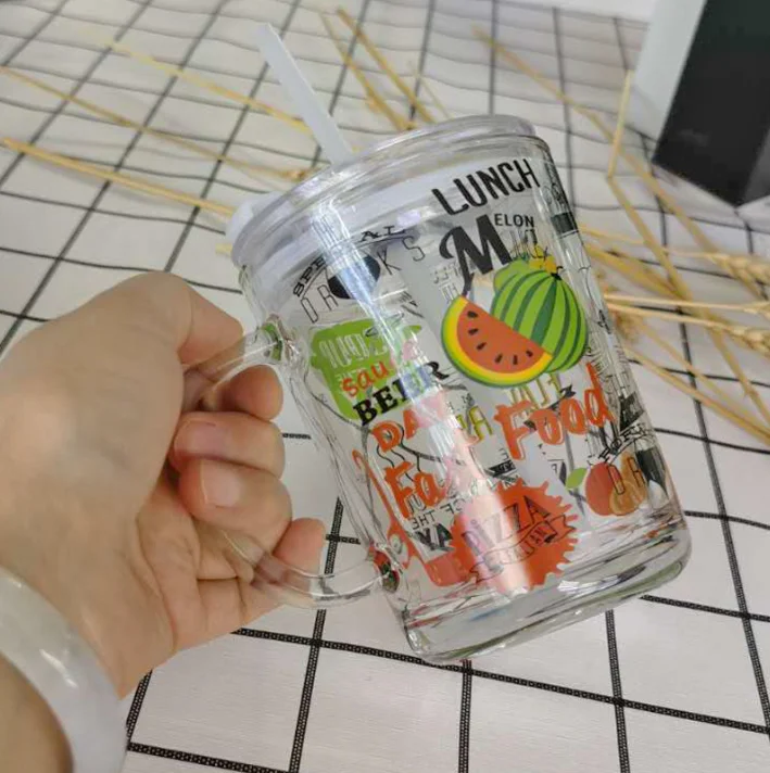 Wholesale cartoon glass straw cup children cute milk cup summer drink cup with straw