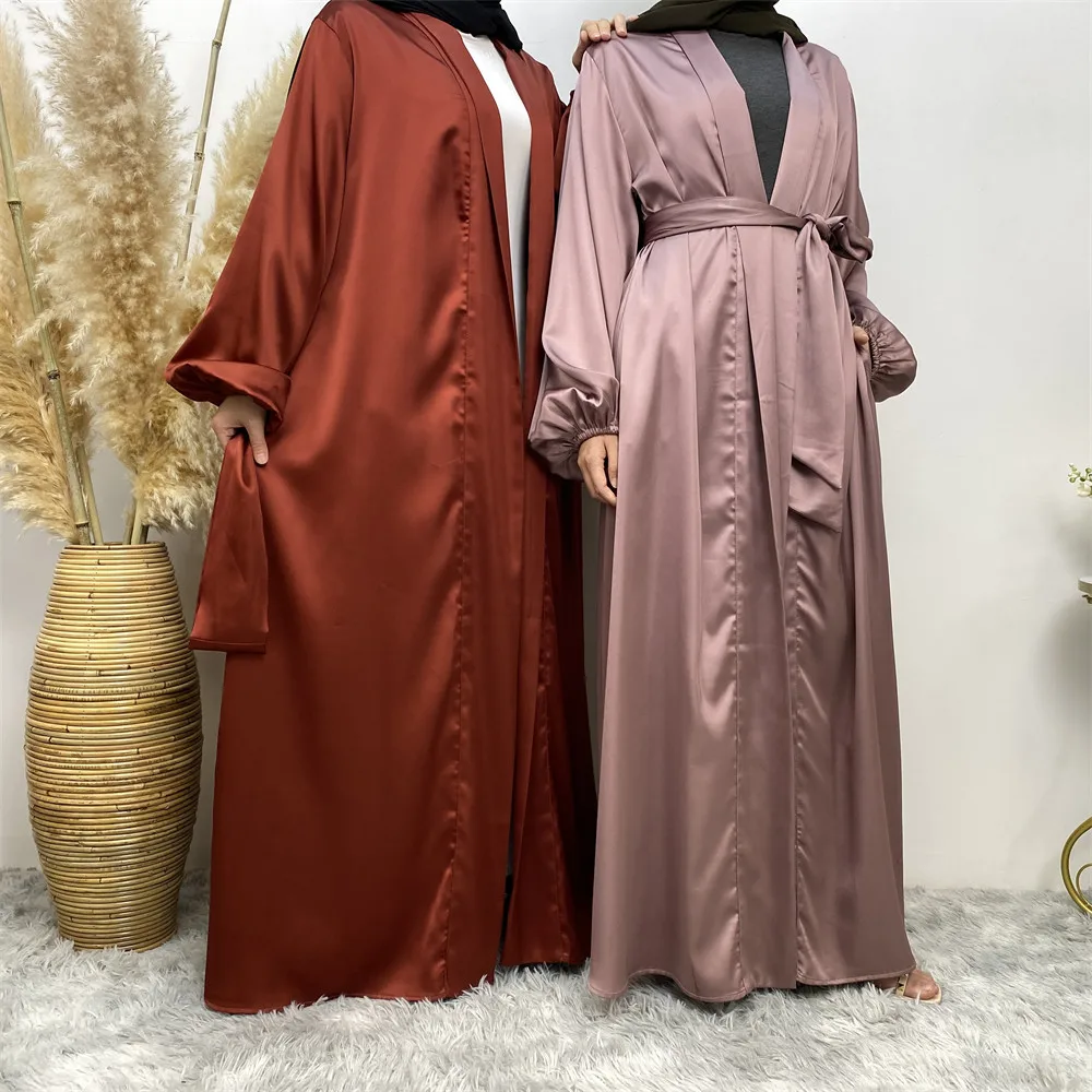 1917# New High Quality Satin Islamic Women Solid Color Fashion Clothing Front Open Abaya Long Kaftan Muslim Dress Dubai