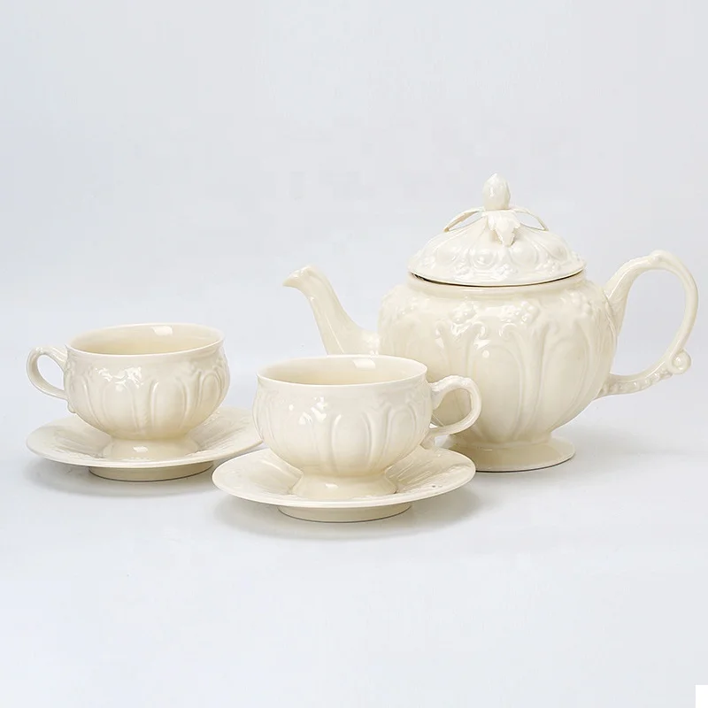 Set of 2 Vintage English Embossing Retro Palace Style Ceramic Coffee Cup and Saucer Party Afternoon Tea Pot Kettle Set