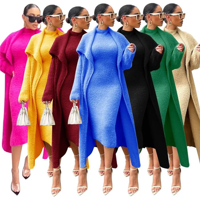 H4849-plus size dress coat two piece long cardigan with belt velvet set for women