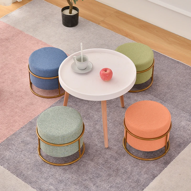 Round Ottoman Footstool with Metal Frame Small Foot Rest Stool/Seat Pouf Ottoman with Linen Fabric