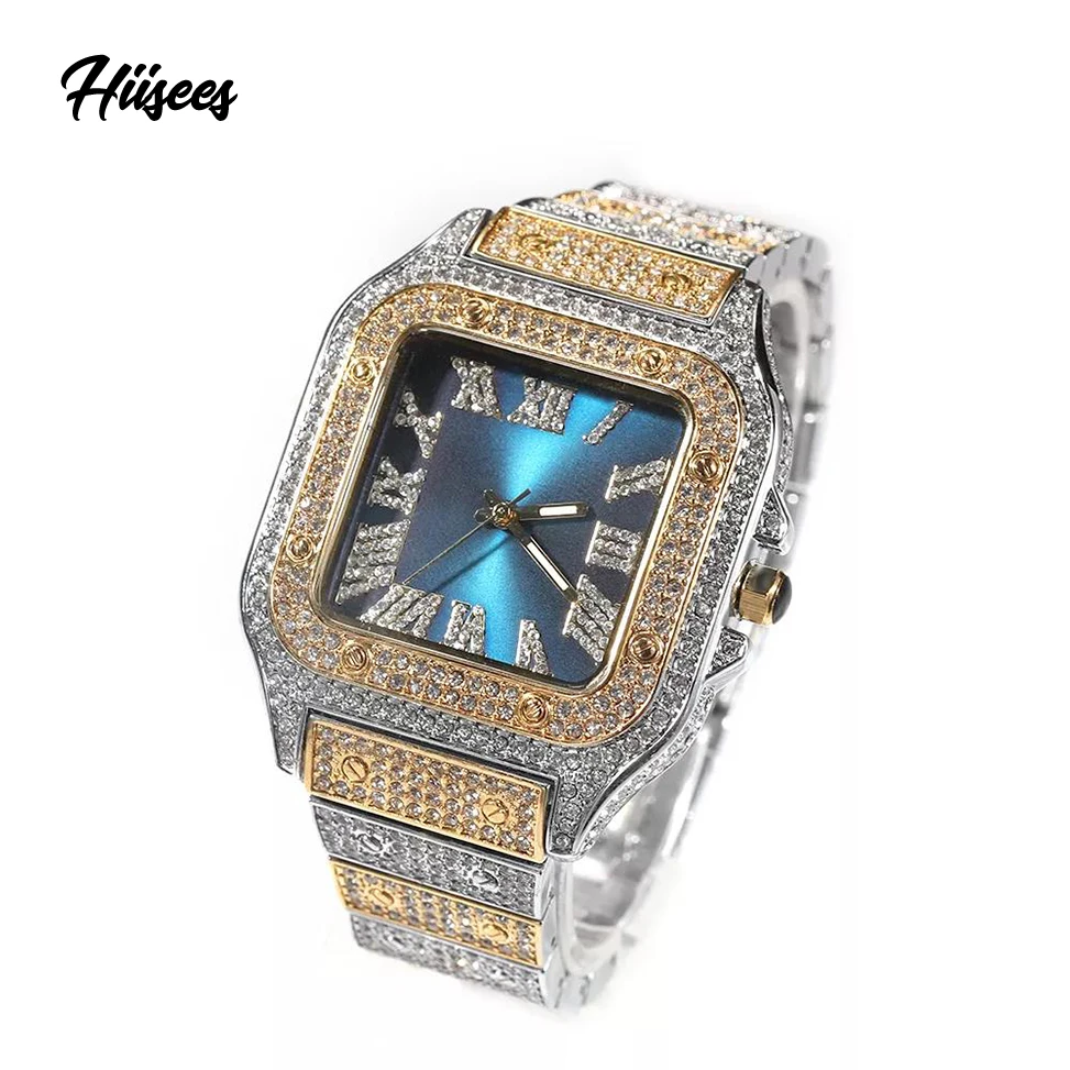 2023 Fashion Square Dial Roman Numeral Rapper Watches Blue Black face Iced Out Brass Zircon Two Tone Color Trendy Jewelry