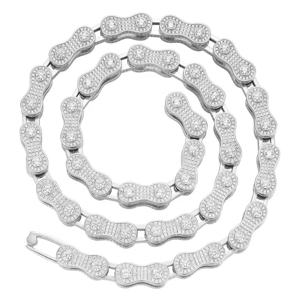 Hip Hop Rock Real Gold Silver Color Icy Cz Moissanite Bicycle Motorcycle Chain Necklace
