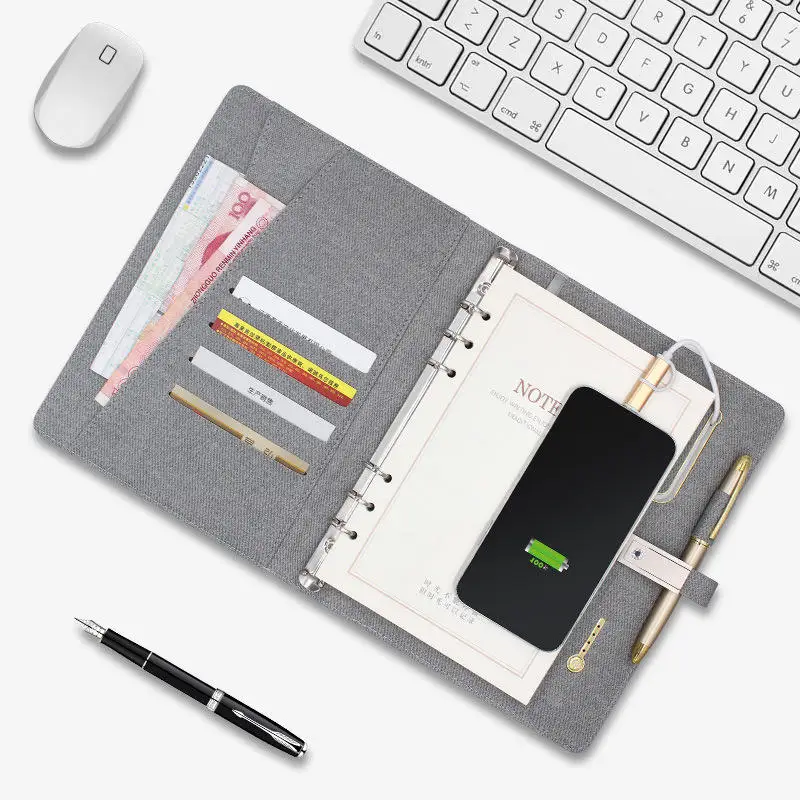 Business Diary Planning Notebook Custom Logo Meetings with Mobile Power Wireless Charging Record USB Flash Drive Notebook