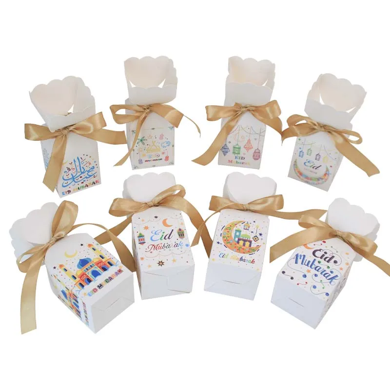 8 Designs Mixed Eid Mubarak Ramadan Candy Goodie  Gift Box With Ribbon Vase Shape Chocolate Box For Eid Party Decorations