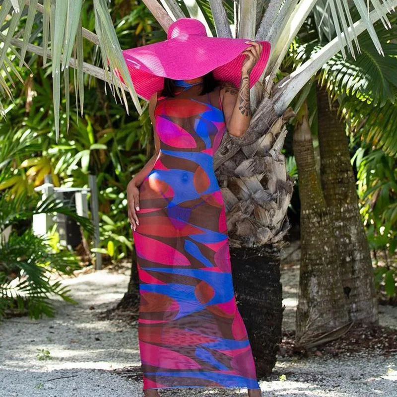 Sexy Chic Abstract Print Sheer Mesh Bodycon Maxi Dresses for Women Summer Beach Vacation Outfits