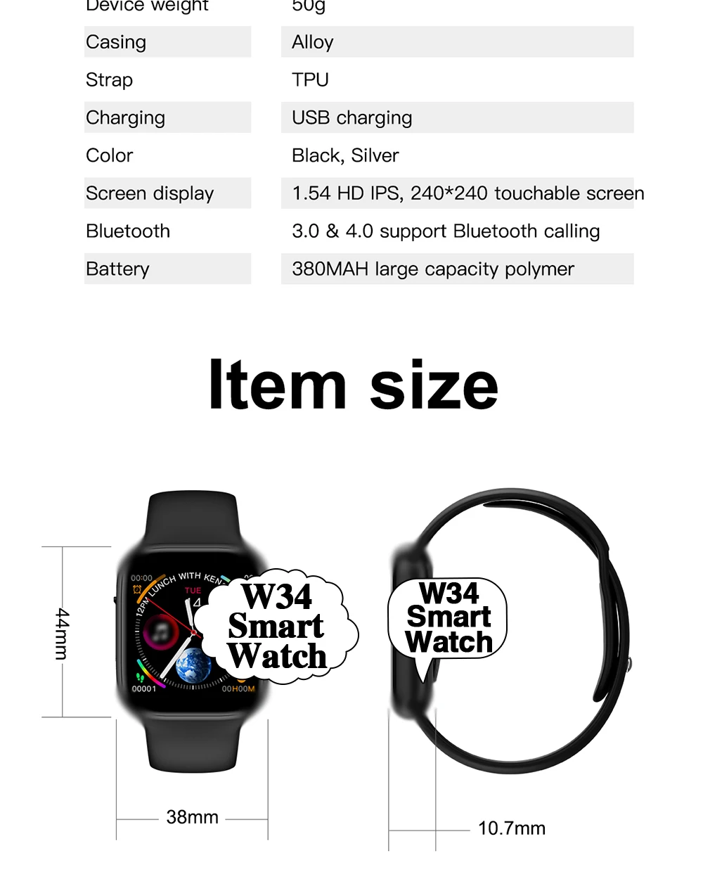 
IWO 10 Smart Watch Men Women 44mm 1.54 inch MTK2502 ECG Heart Rate Monitor Sport Activity Tracker Relogio Smartwatch 