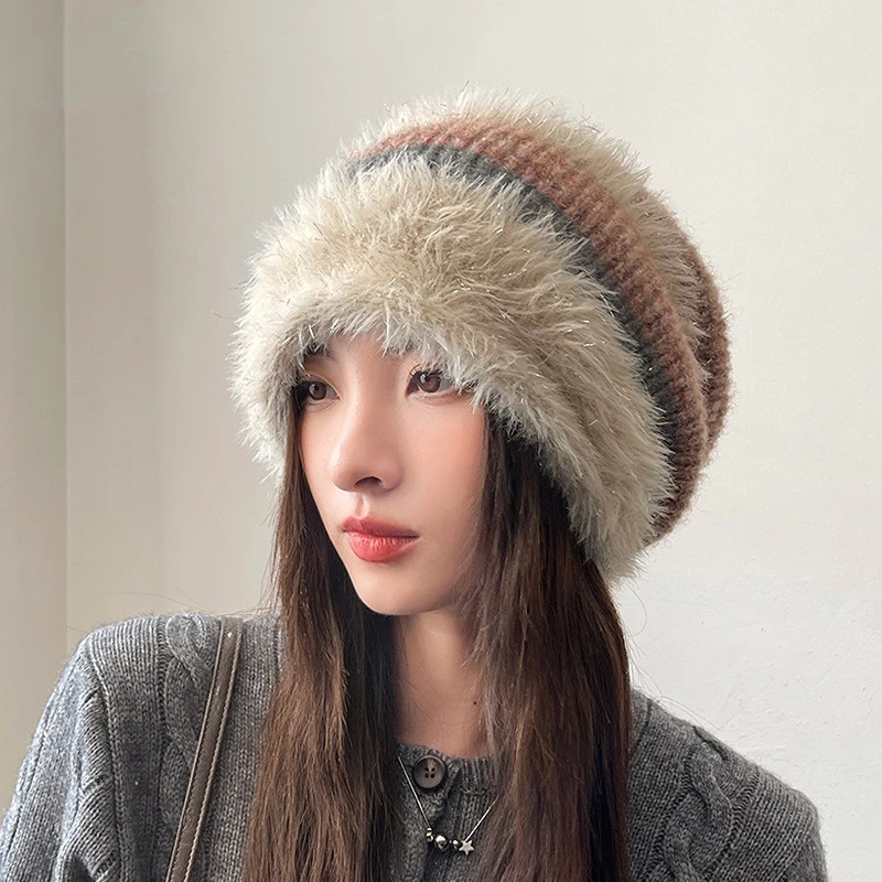 FF3094 Y2K Woman Knitted Slouchy Beanie Hats Cap Warm Knit Ski Snow Skull Caps Oversized Furry Fluffy Fuzzy Winter Beanie Hat