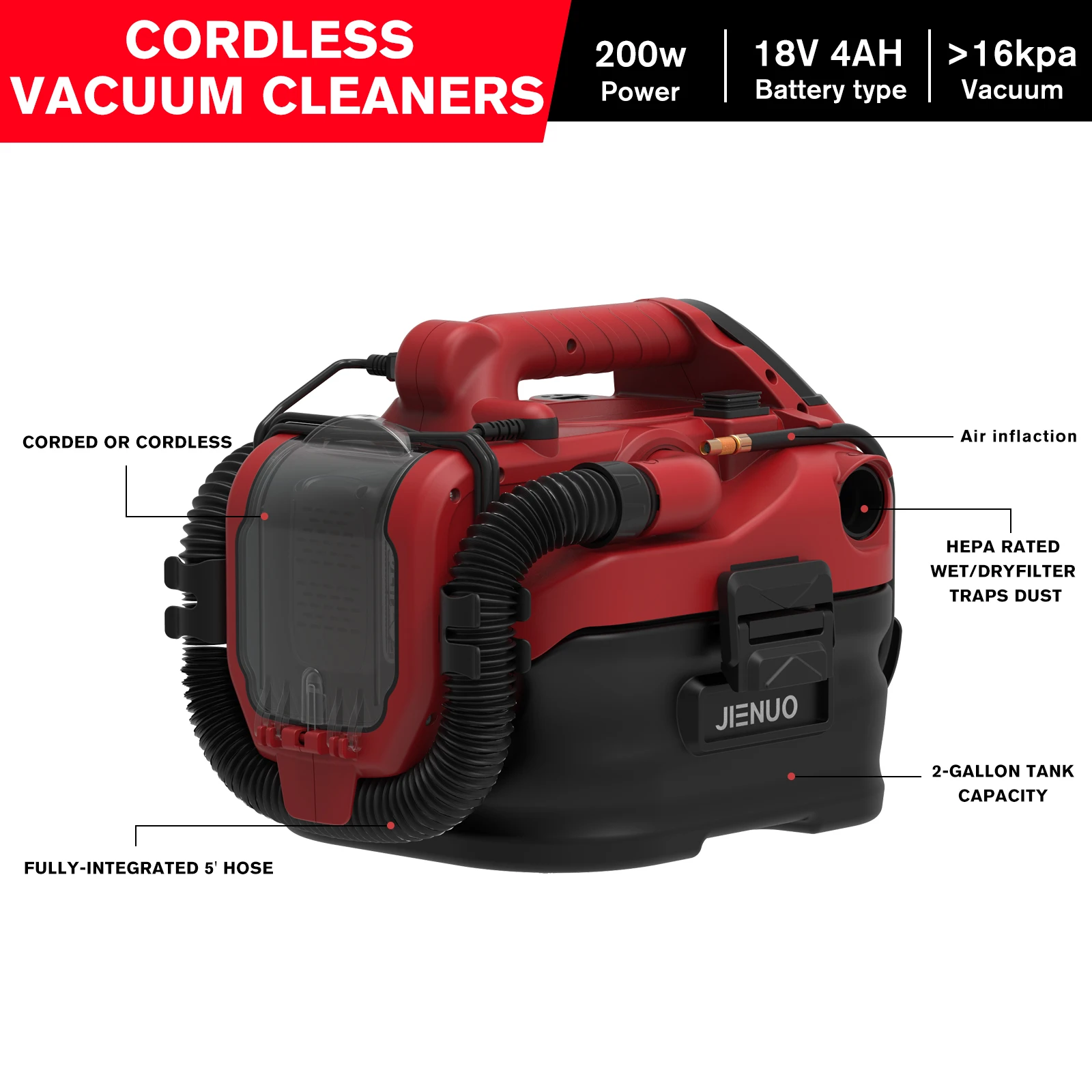 JIENUO 2 Gallon 20V Lithium Battery Portable Wet Dry Cyclone Vacuum Cleaner with Air Inflact Adapter JN701