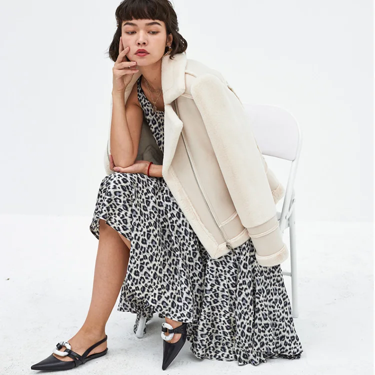Casual Fashion Lapel Beige Black Color Women Faux Fur Coat Suede Leather Coat Jacket
