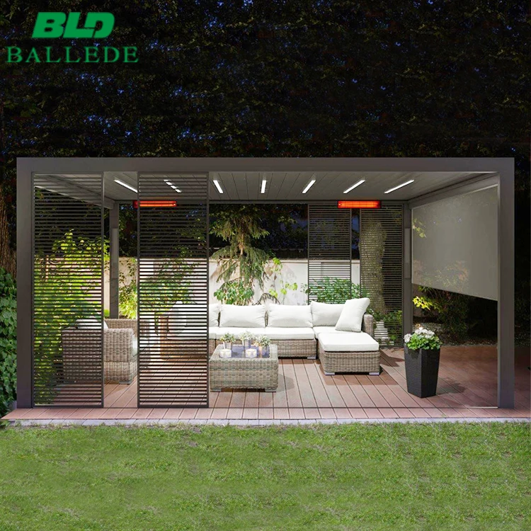 New design outdoor pergola waterproof opening louver roof electric garden awning with LED lights