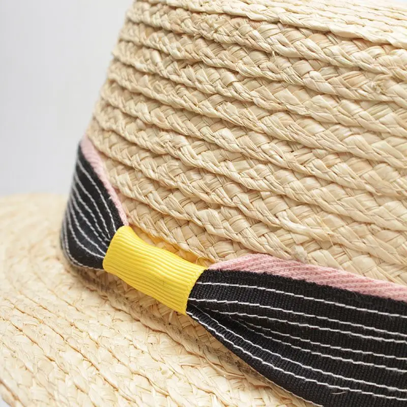 
Women Men Raffia Straw Boater Hats with hand stitching Bow 