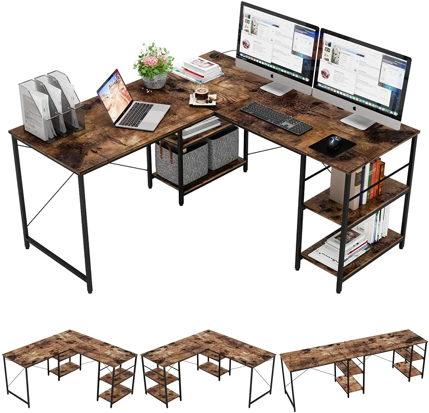 
L Shaped Desk Reversible Corner Computer Desk with Shelf and Stand, Gaming Desks Space Saving Home Office Workstation Table 