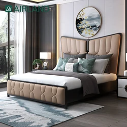 Simple bed frame comfortable modern bedroom furniture soft genuine leather double bed