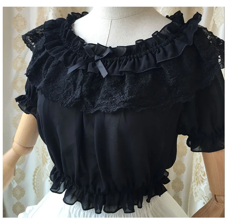 Lolita Black Floral Chiffon Puff Sleeve Lace Ruffled Bottoming Gothic Women Tube Top Shirt Blouse Shirt Clothing