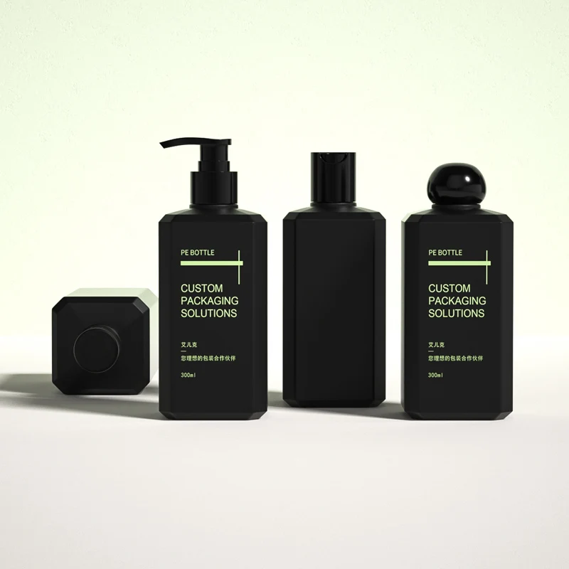 Custom 300ml Black Square HDPE Plastic Lotion Pump Bottle Empty Shampoo Conditioner Packaging Container With Screw Cap