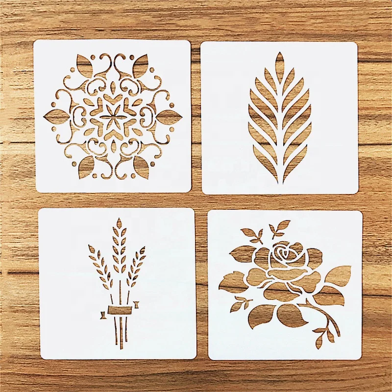 4 Styles Bread Stencil, Mandala, Wheat, Leaves, Flower Pattern Stencils DIY Making Baking Tool Set Painting Templates