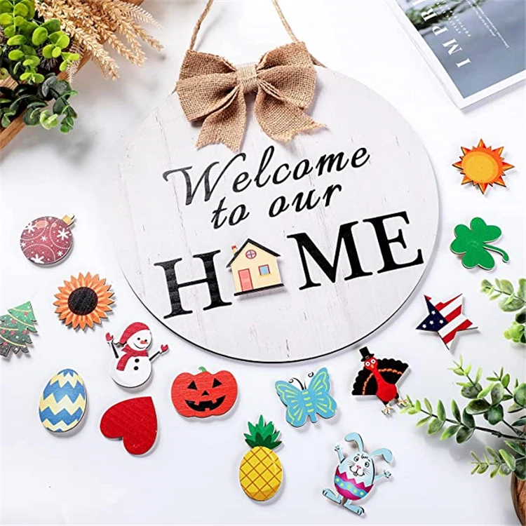 Interchangeable Seasonal Welcome Sign Front Door Decor Rustic Wood Welcome to Our Home Sign Wall Hanging Decoration