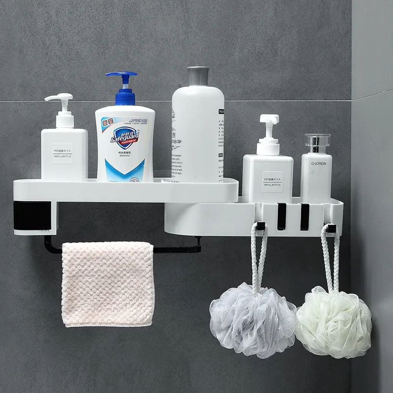 Bathroom No Drilling Plastic Wall Hanging Storage Shelf With 4 Hooks Shower Corner Shelf