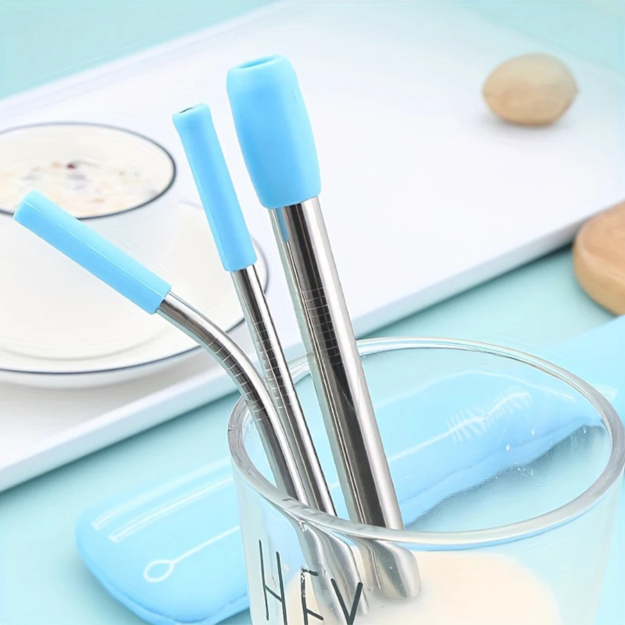 6Pcs/set Reusable Silicone Boba Bubble Tea Drink Straw + Clean Brush Stainless Steel Straws Set