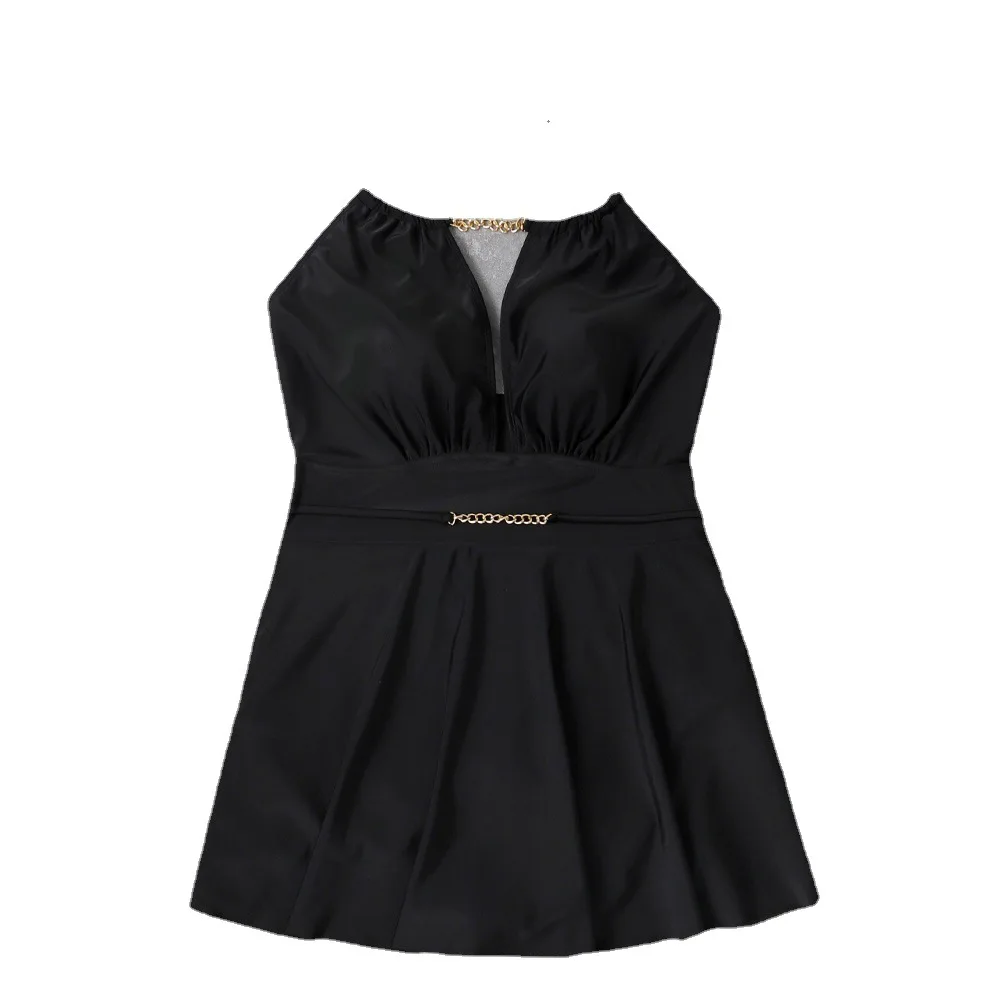 DAMOCHIC Custom Logo Wholesale Swimwear 1 Piece Black Halter Lace-Up Fat Women Beachwear with Skirt Plus Size Swimsuit 2023 OEM