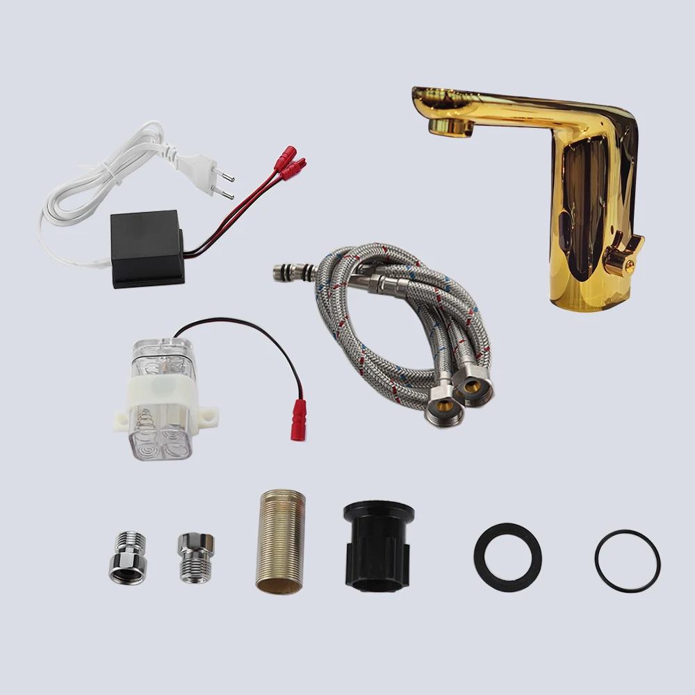 Automatic basin faucet  deck mounted Golden color  polished full brass mixer water ac /dc  battery power  grifo con sensor