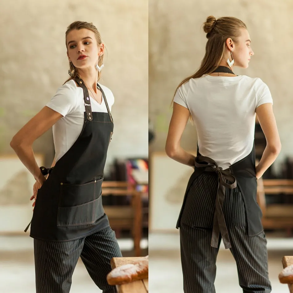 Stock Fashion 100% COTTON Multi Pockets Overall Unisex Kitchen Apron with Logo for Restaurants Cafe Bar Home Cooking