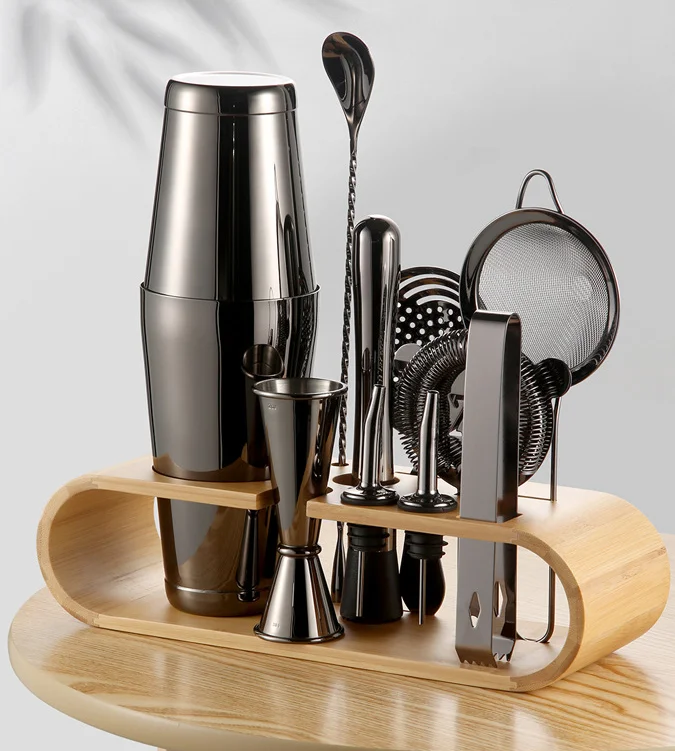Stainless Steel Boston  Shaker 11PCS Set Bar Accessory  Kit With/ Without Bamboo Rack