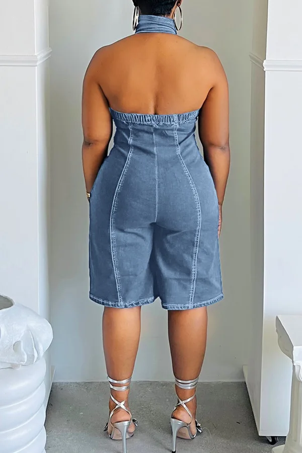 F88558 2024 new arrivals blue sleeveless jeans denim jumpsuits shorts jumpsuits outfit for women one piece jumpsuit