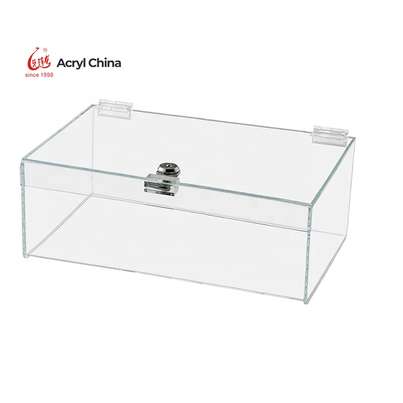 Clear Acrylic safety display rectangular lock box, jewelry display tray, with lock key and black padding