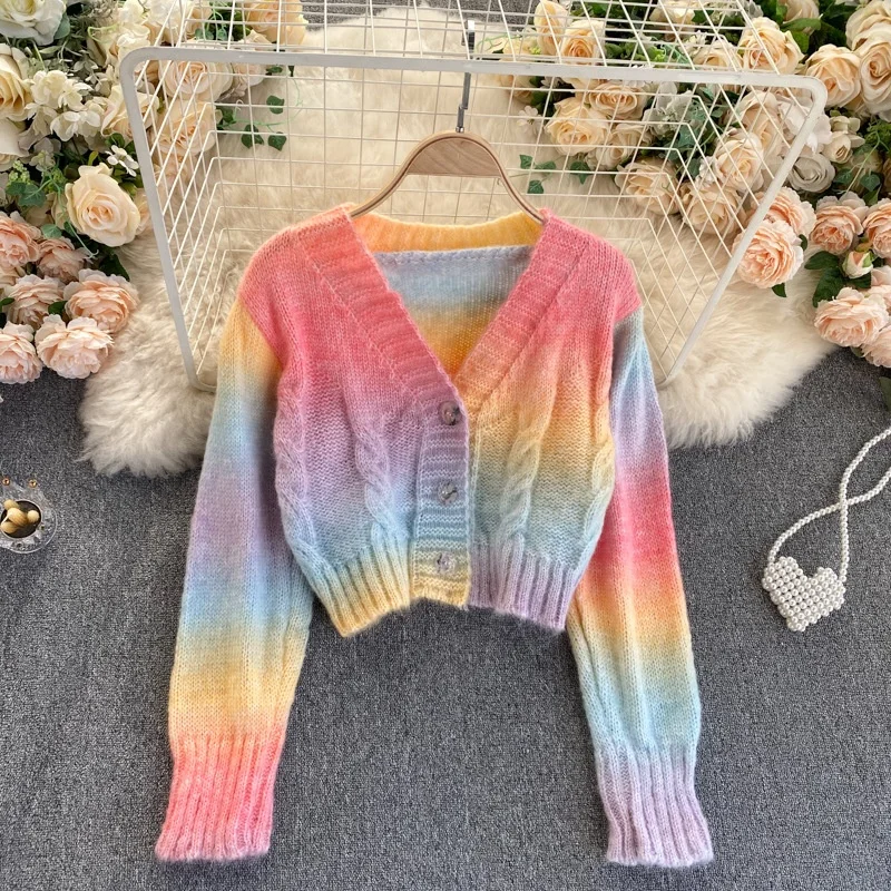 Spring autumn 2022 new korean rainbow colorful short crop women cardigan loose knit fancy ladies sweaters